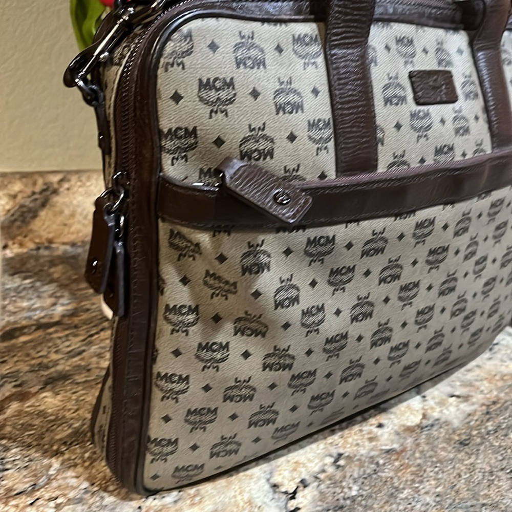 MCM Beige Monogram Visetos Canvas Leather Marble Briefcase Bag - Picture 3 of 15
